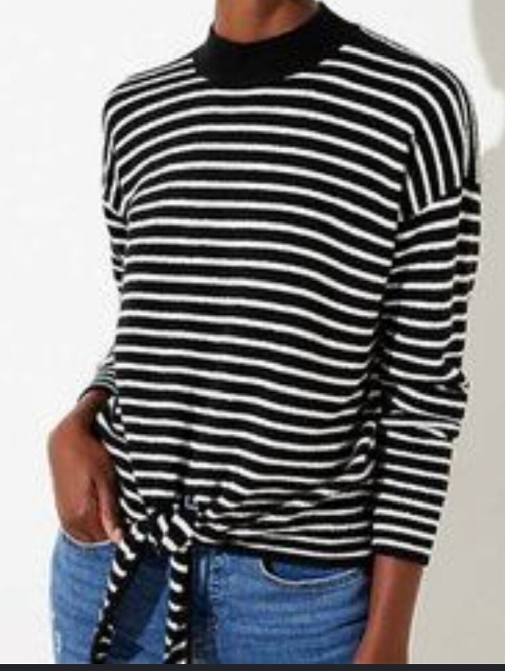 LOFT Black and White Striped Tie-Front Sweater Top crew mock neck soft